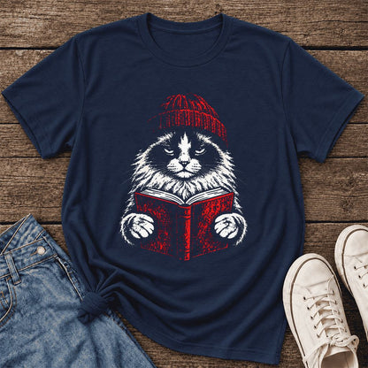 Serious Ragdoll Cat Reading Red Book Ultra-Soft Cotton T-Shirt | Reader Gift Navy