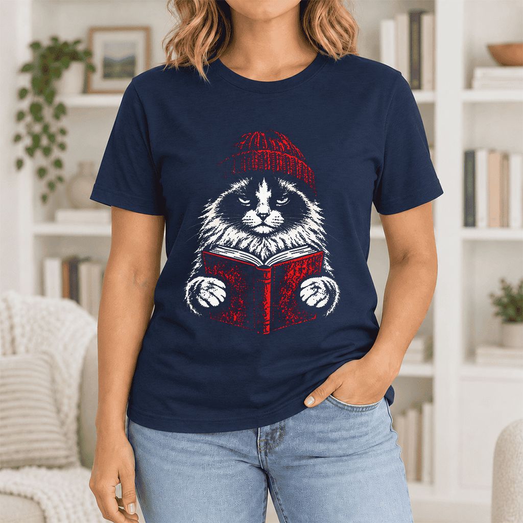 Serious Ragdoll Cat Reading Red Book Ultra-Soft Cotton T-Shirt | Reader Gift Navy