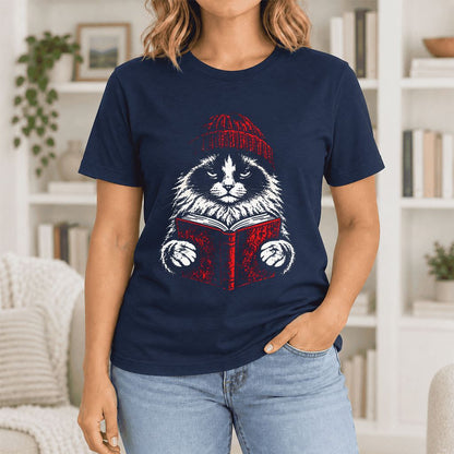 Serious Ragdoll Cat Reading Red Book Ultra-Soft Cotton T-Shirt | Reader Gift Navy