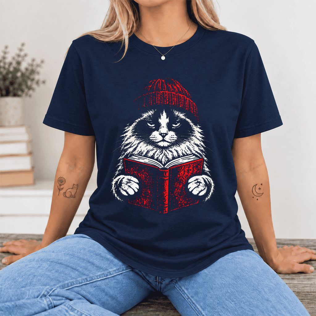 Serious Ragdoll Cat Reading Red Book Ultra-Soft Cotton T-Shirt | Reader Gift Navy