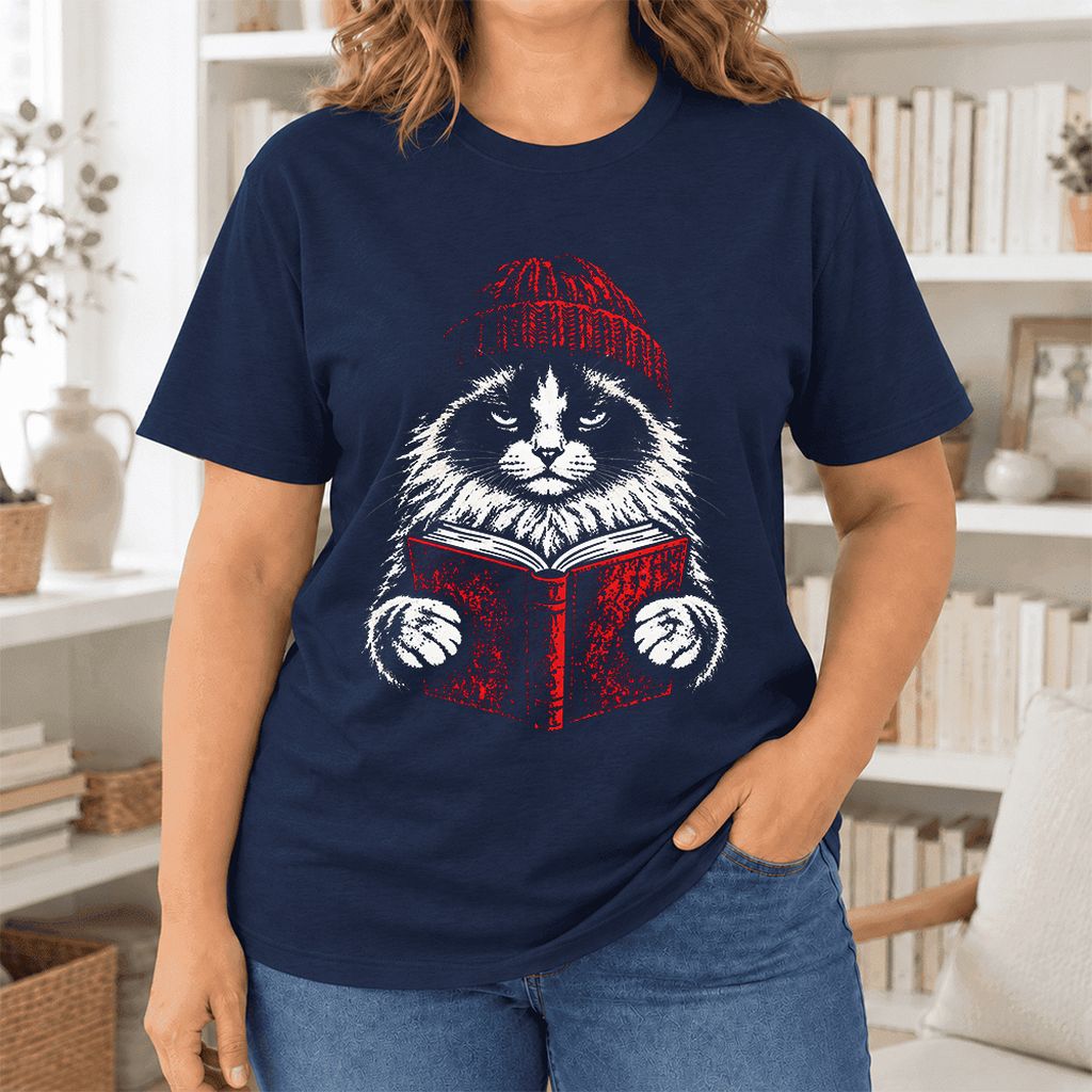 Serious Ragdoll Cat Reading Red Book Ultra-Soft Cotton T-Shirt | Reader Gift Navy
