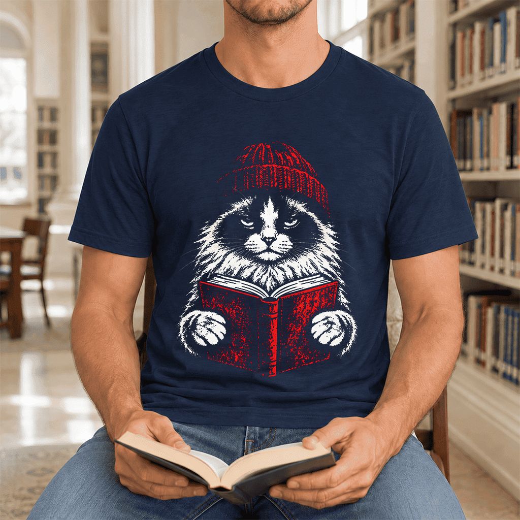 Serious Ragdoll Cat Reading Red Book Ultra-Soft Cotton T-Shirt | Reader Gift Navy
