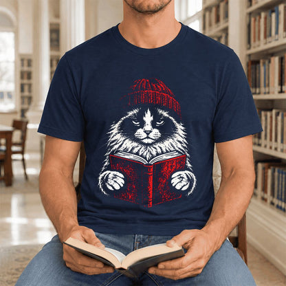 Serious Ragdoll Cat Reading Red Book Ultra-Soft Cotton T-Shirt | Reader Gift Navy
