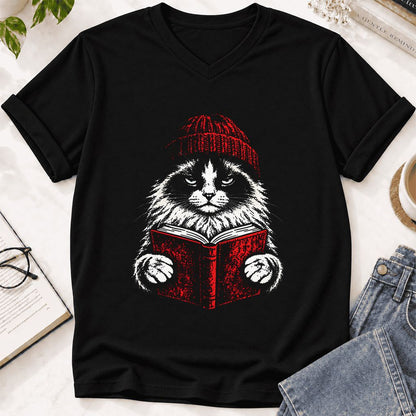 Ragdoll Cat Reading Ultra-Soft V-Neck | Cat Lover Reader Gift Black