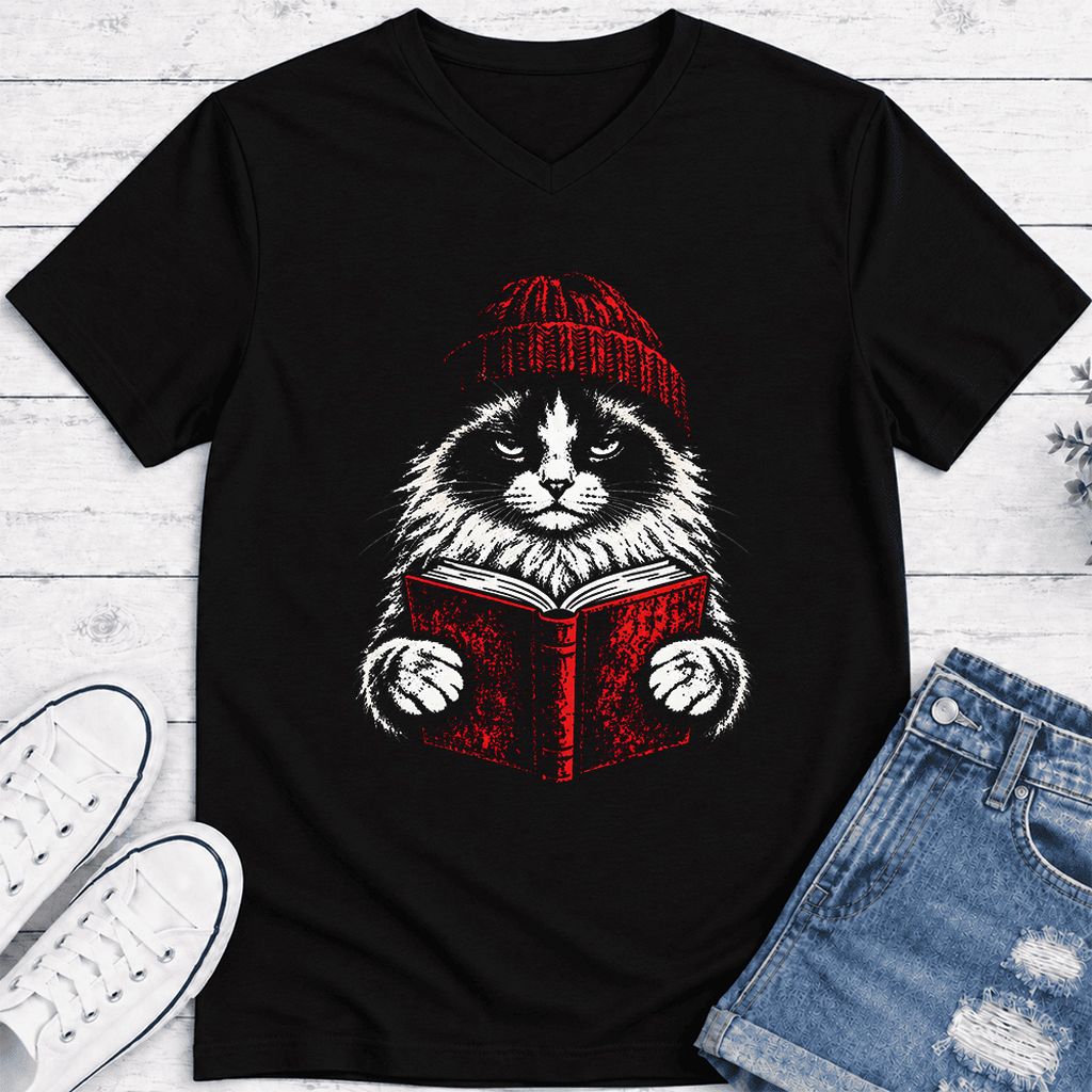 Ragdoll Cat Reading Ultra-Soft V-Neck | Cat Lover Reader Gift Black