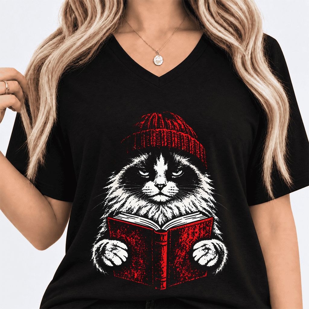 Ragdoll Cat Reading Ultra-Soft V-Neck | Cat Lover Reader Gift Black