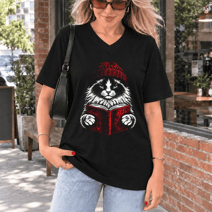 Ragdoll Cat Reading Ultra-Soft V-Neck | Cat Lover Reader Gift Black