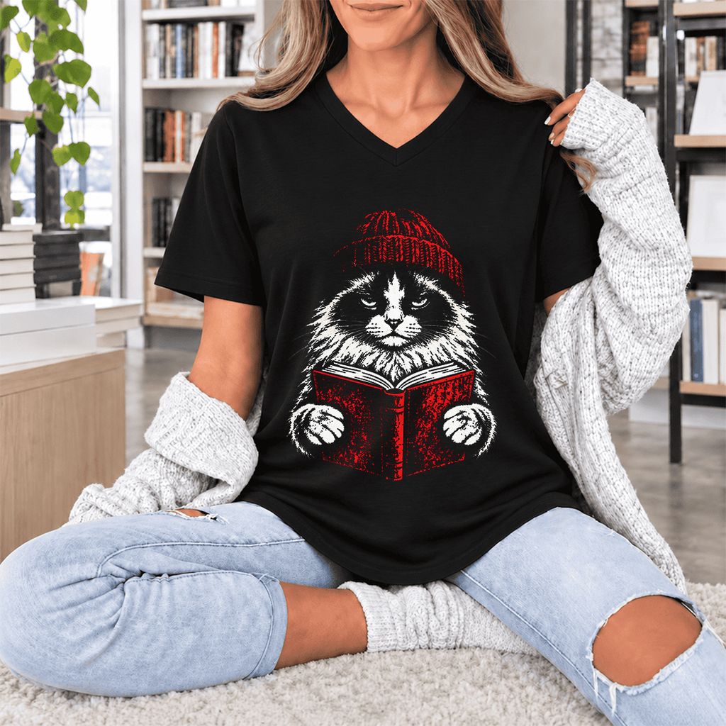 Ragdoll Cat Reading Ultra-Soft V-Neck | Cat Lover Reader Gift Black