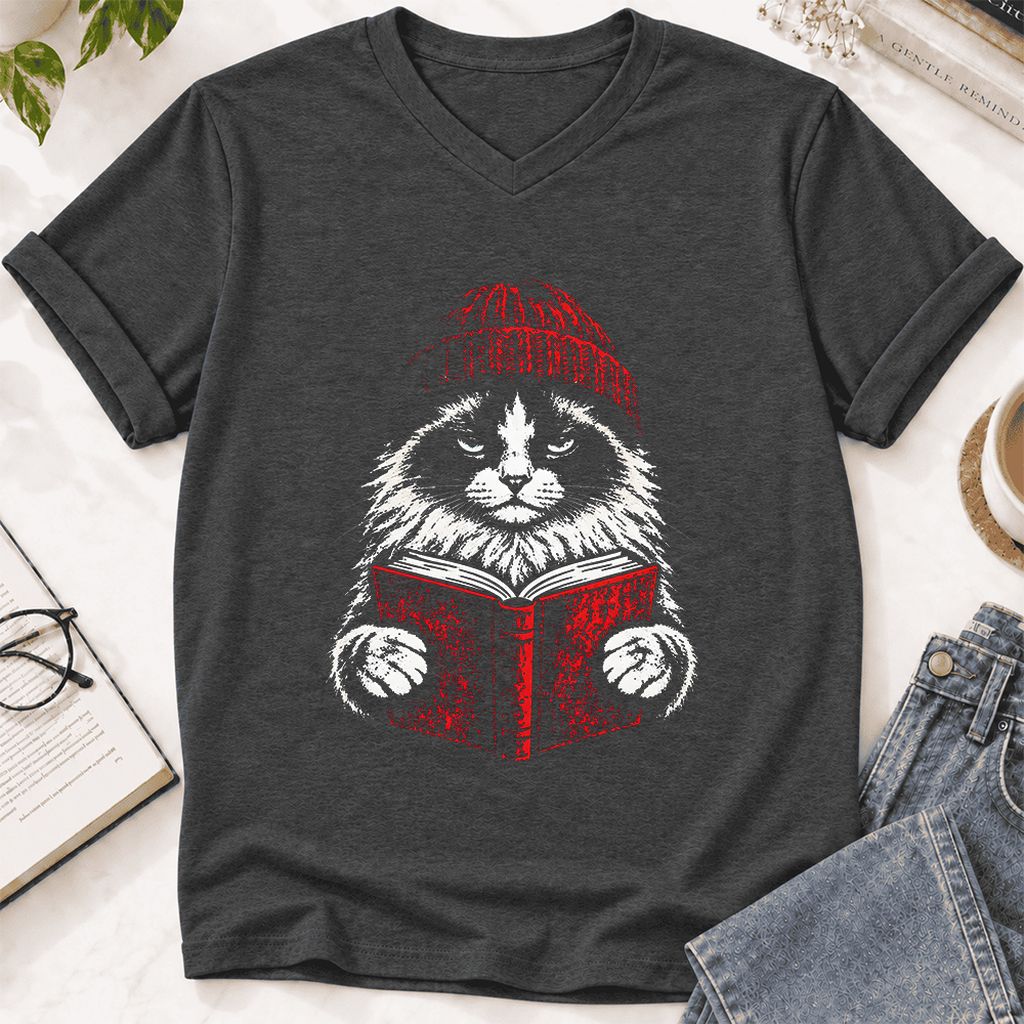 Ragdoll Cat Reading Ultra-Soft V-Neck | Cat Lover Reader Gift Dark Grey Heather