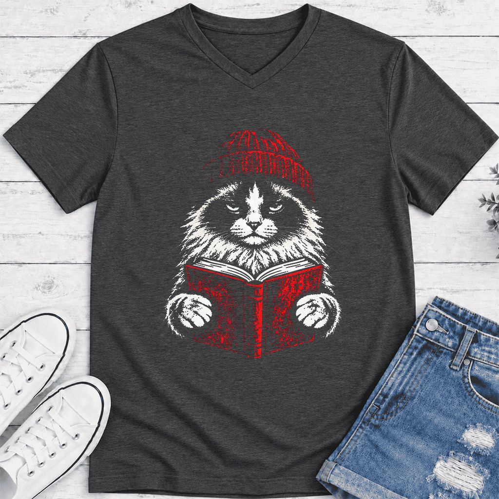 Ragdoll Cat Reading Ultra-Soft V-Neck | Cat Lover Reader Gift Dark Grey Heather