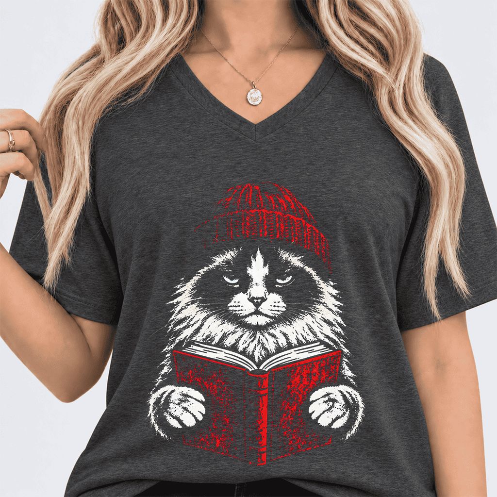 Ragdoll Cat Reading Ultra-Soft V-Neck | Cat Lover Reader Gift Dark Grey Heather