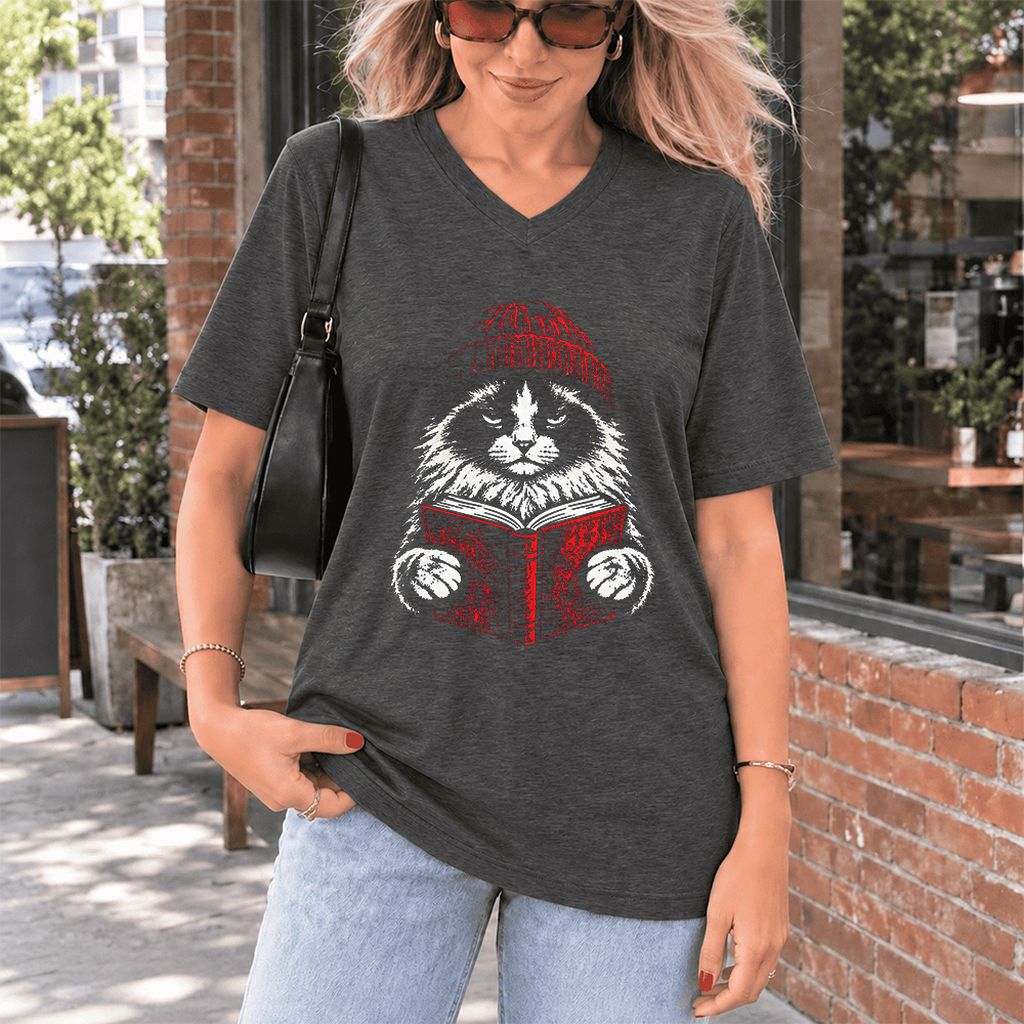 Ragdoll Cat Reading Ultra-Soft V-Neck | Cat Lover Reader Gift Dark Grey Heather