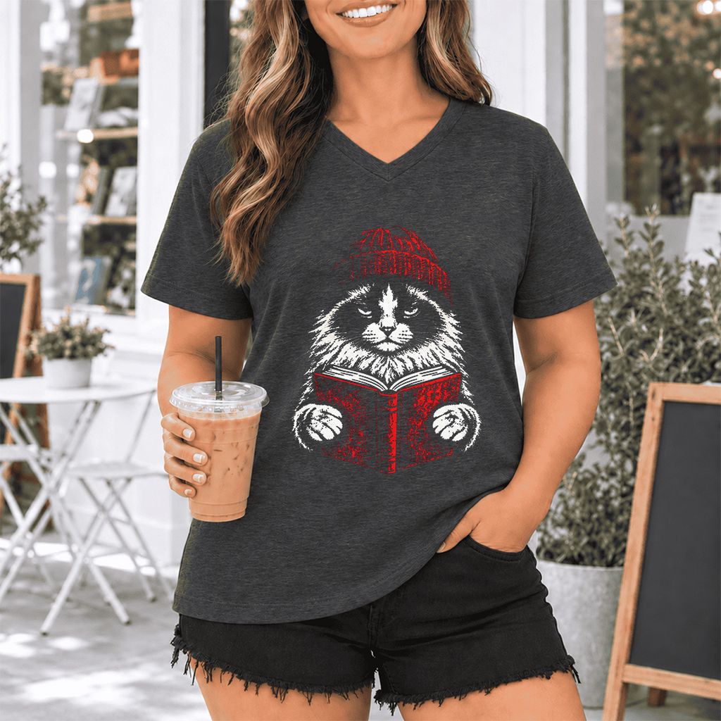 Ragdoll Cat Reading Ultra-Soft V-Neck | Cat Lover Reader Gift Dark Grey Heather