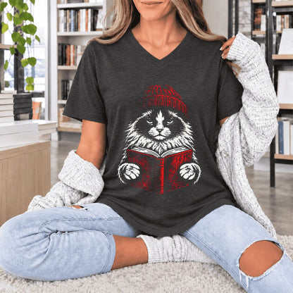 Ragdoll Cat Reading Ultra-Soft V-Neck | Cat Lover Reader Gift Dark Grey Heather