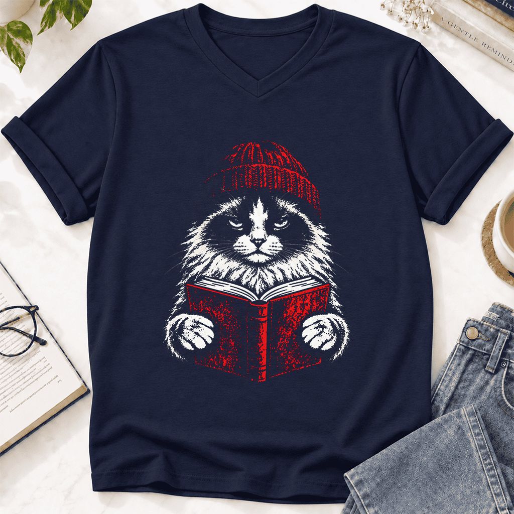 Ragdoll Cat Reading Ultra-Soft V-Neck | Cat Lover Reader Gift Navy