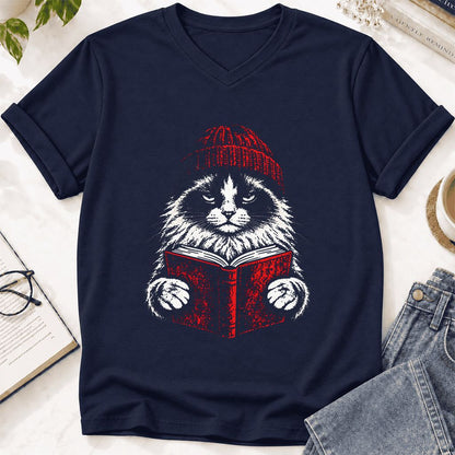 Ragdoll Cat Reading Ultra-Soft V-Neck | Cat Lover Reader Gift Navy