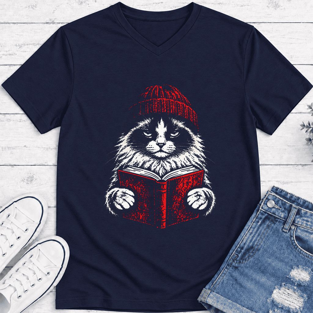Ragdoll Cat Reading Ultra-Soft V-Neck | Cat Lover Reader Gift Navy