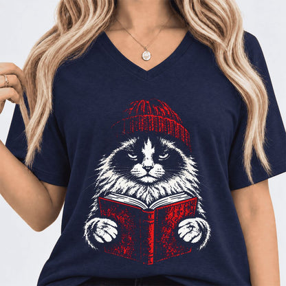 Ragdoll Cat Reading Ultra-Soft V-Neck | Cat Lover Reader Gift Navy