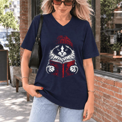 Ragdoll Cat Reading Ultra-Soft V-Neck | Cat Lover Reader Gift Navy