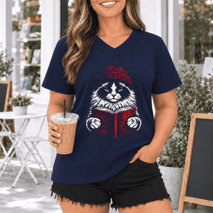 Ragdoll Cat Reading Ultra-Soft V-Neck | Cat Lover Reader Gift Navy