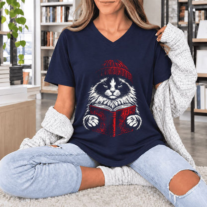 Ragdoll Cat Reading Ultra-Soft V-Neck | Cat Lover Reader Gift Navy