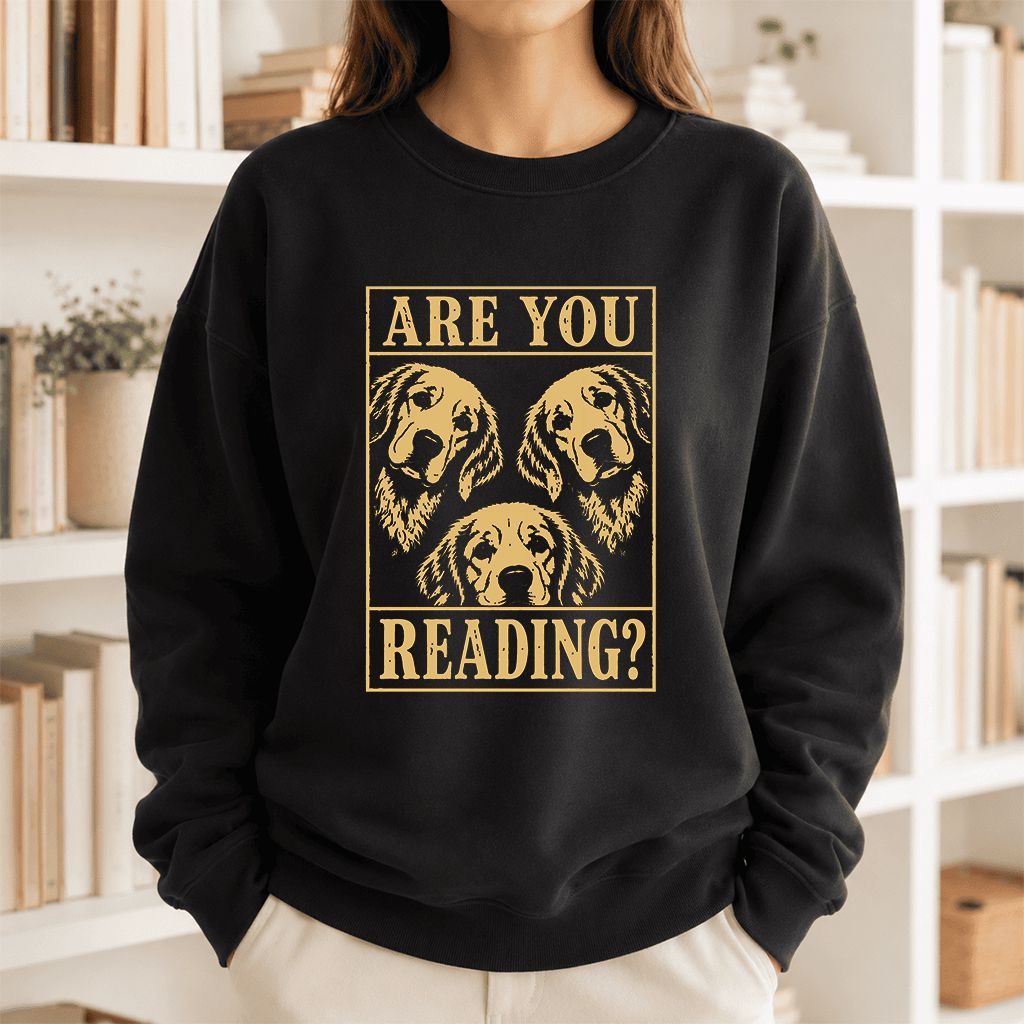 Are You Reading Golden Retriever Printed Sweatshirt | Dog Lover Reader Gift Black