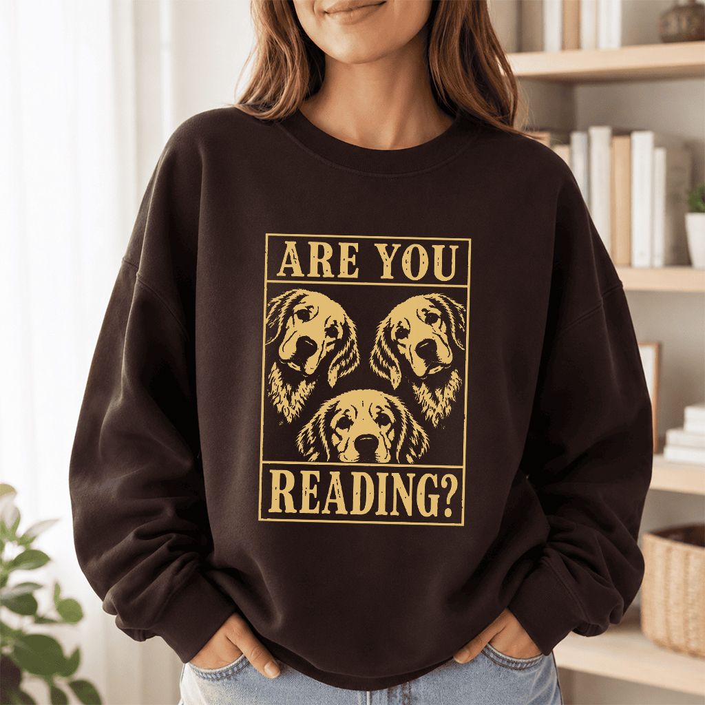 Are You Reading Golden Retriever Printed Sweatshirt | Dog Lover Reader Gift Dark Chocolate