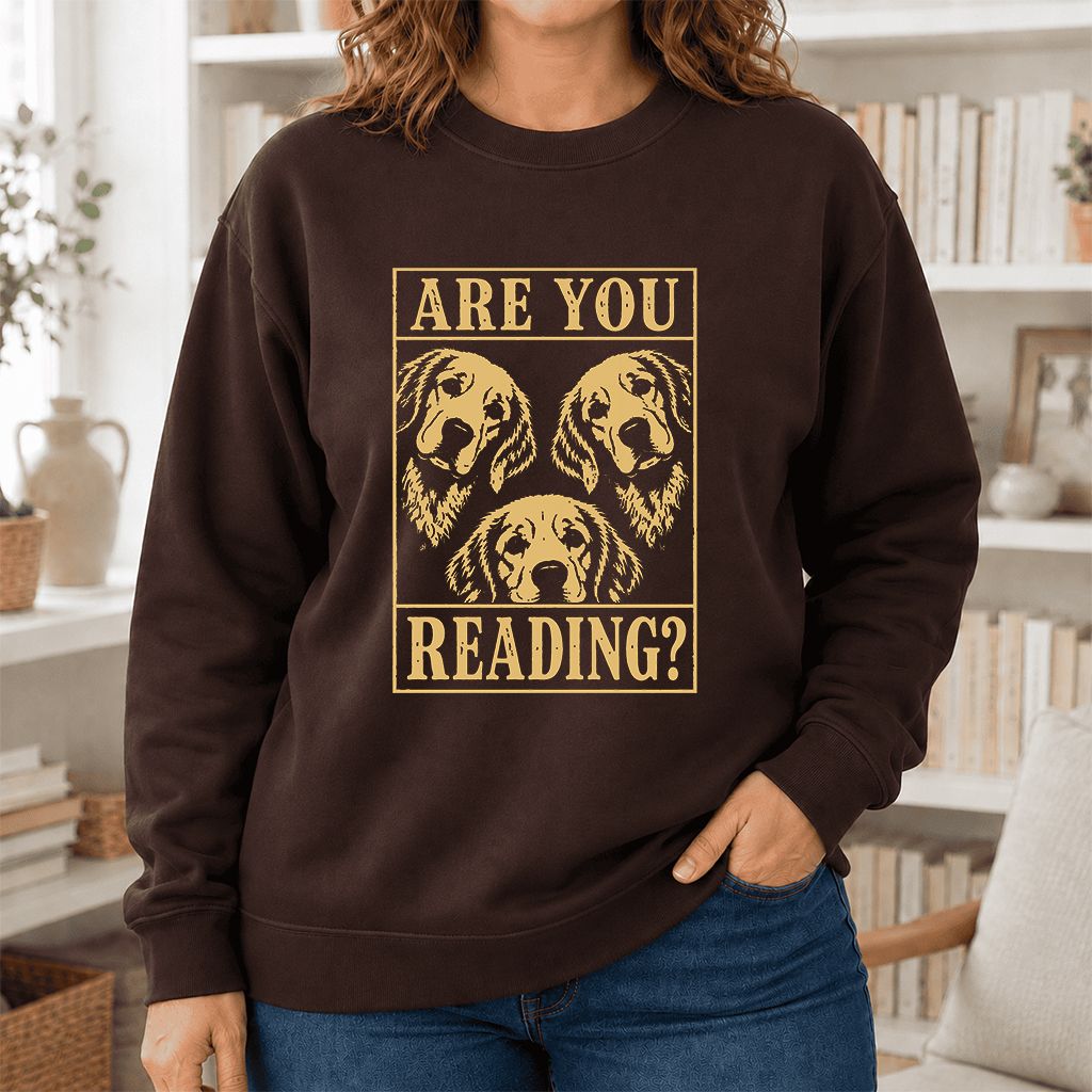 Are You Reading Golden Retriever Printed Sweatshirt | Dog Lover Reader Gift Dark Chocolate