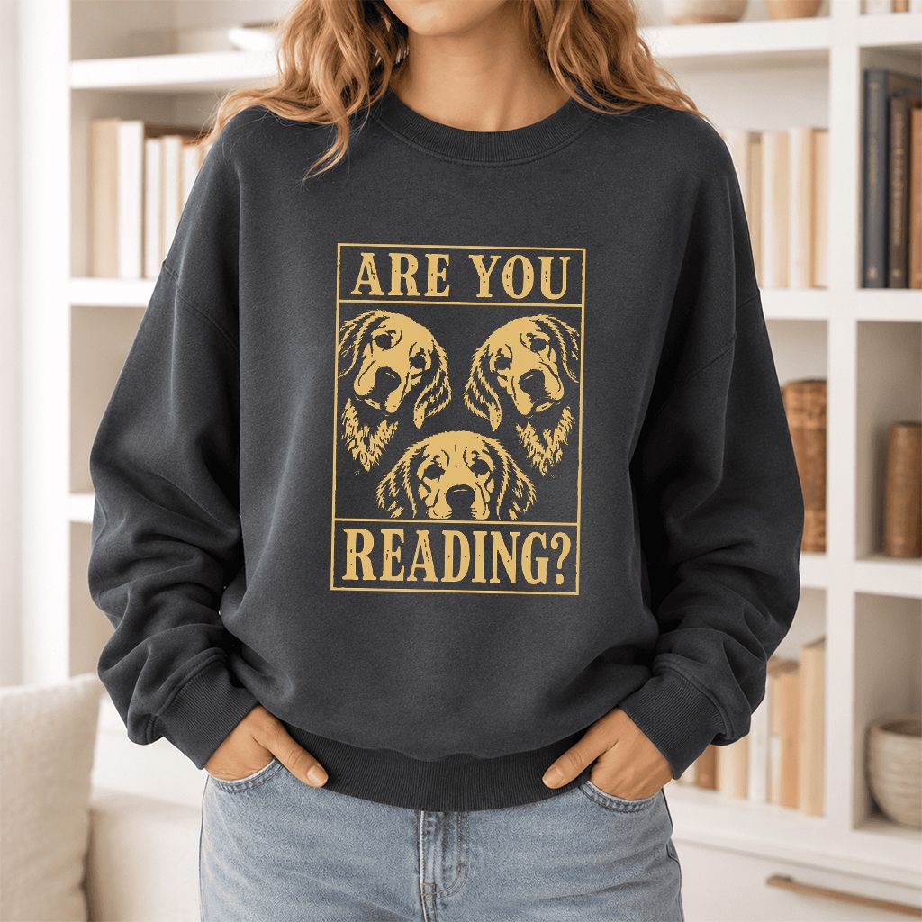 Are You Reading Golden Retriever Printed Sweatshirt | Dog Lover Reader Gift Dark Heather
