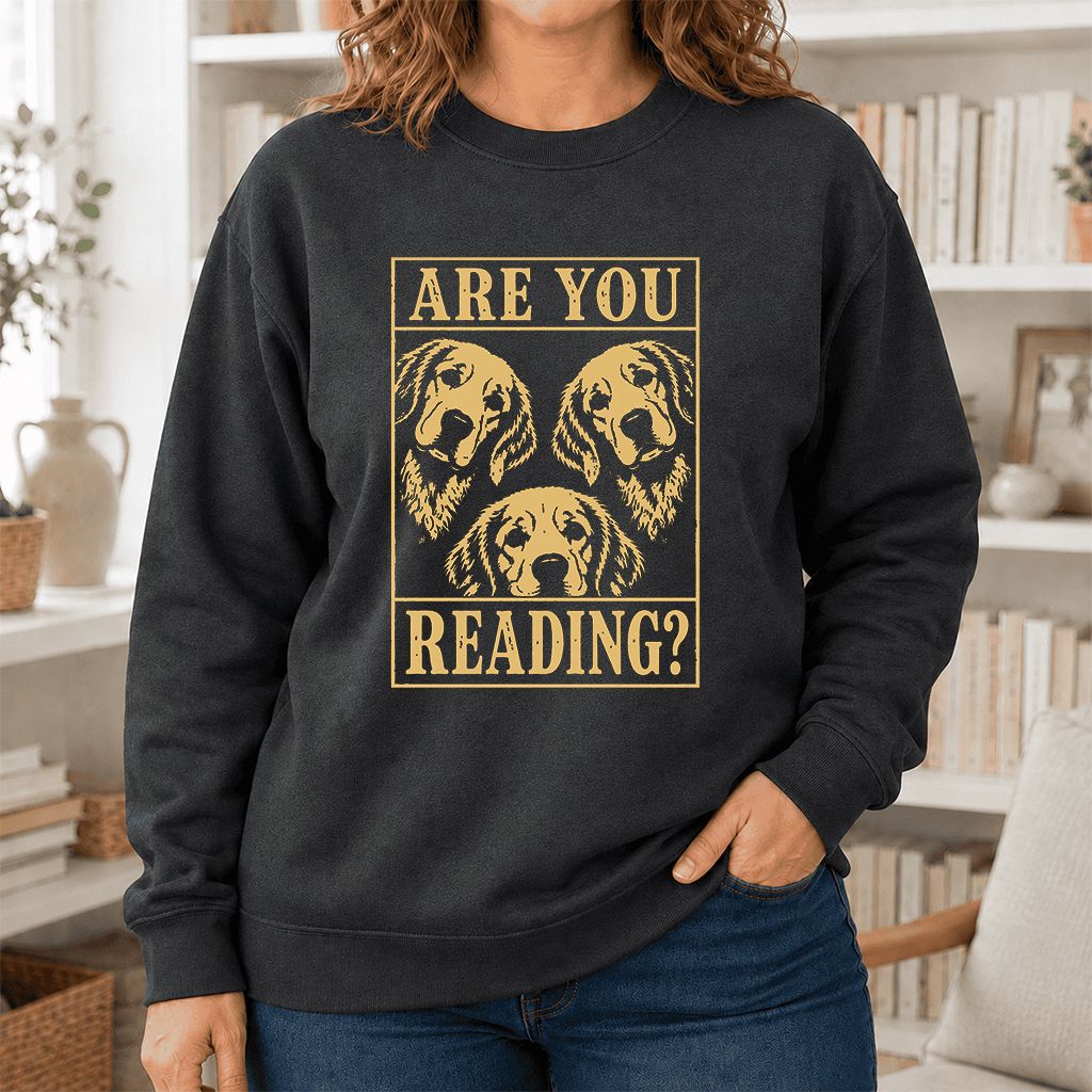Are You Reading Golden Retriever Printed Sweatshirt | Dog Lover Reader Gift Dark Heather