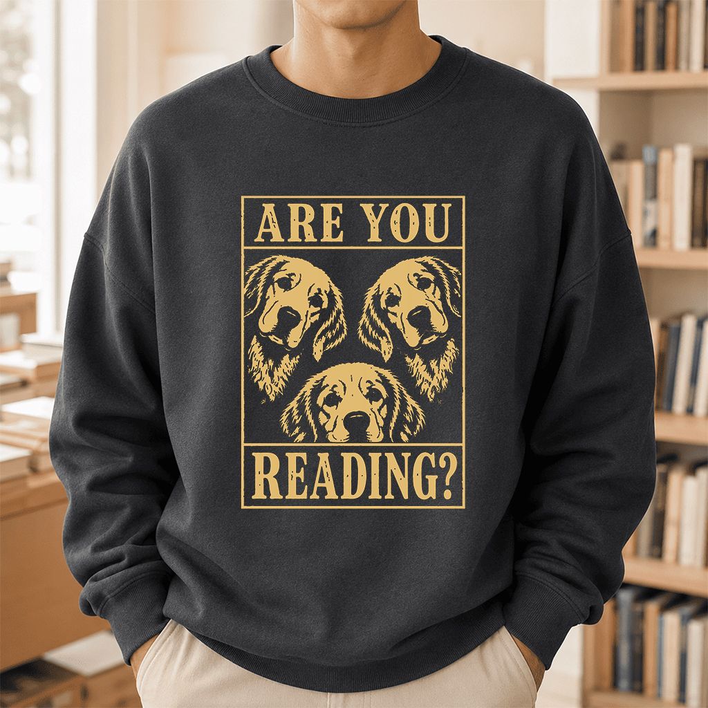 Are You Reading Golden Retriever Printed Sweatshirt | Dog Lover Reader Gift Dark Heather