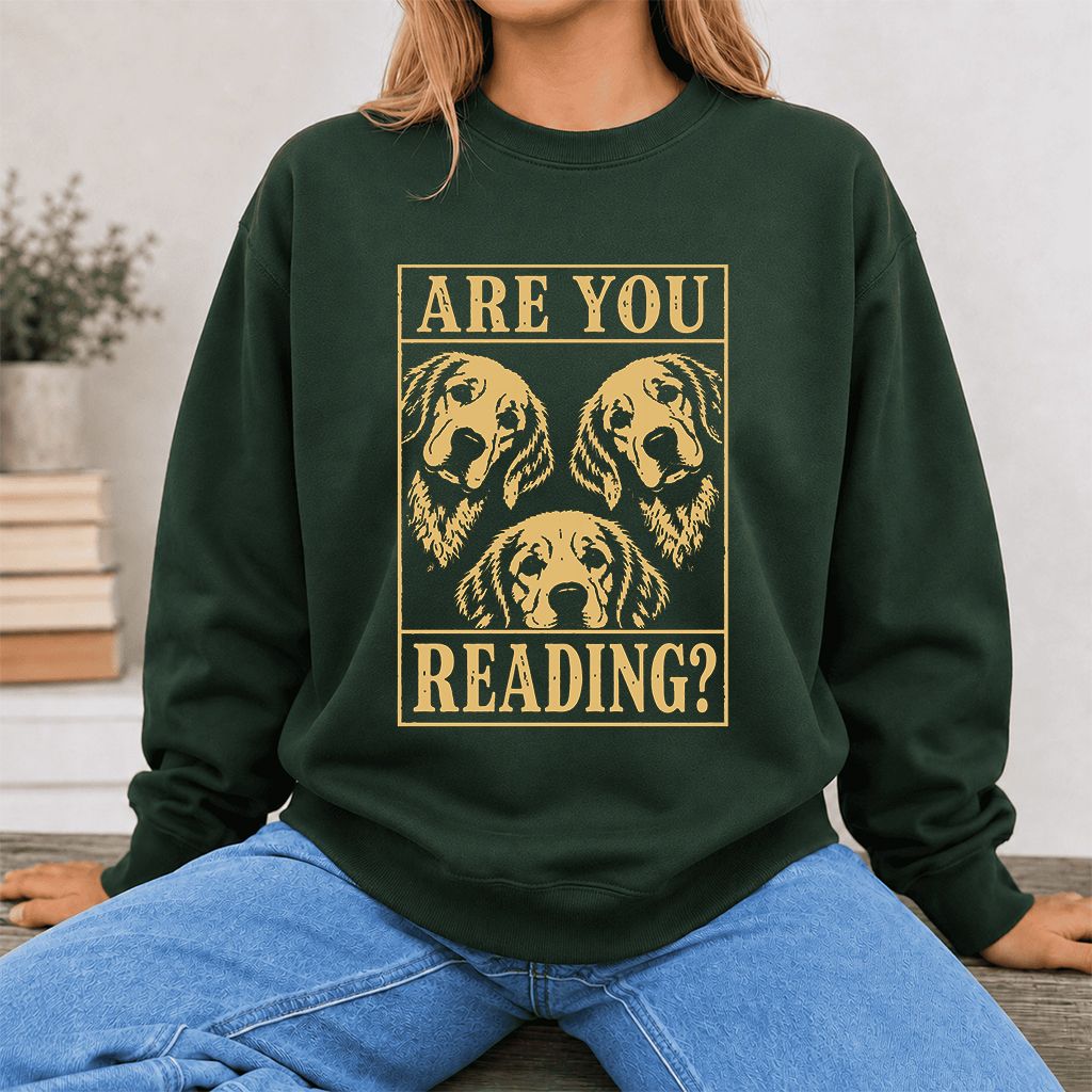 Are You Reading Golden Retriever Printed Sweatshirt | Dog Lover Reader Gift Forest Green