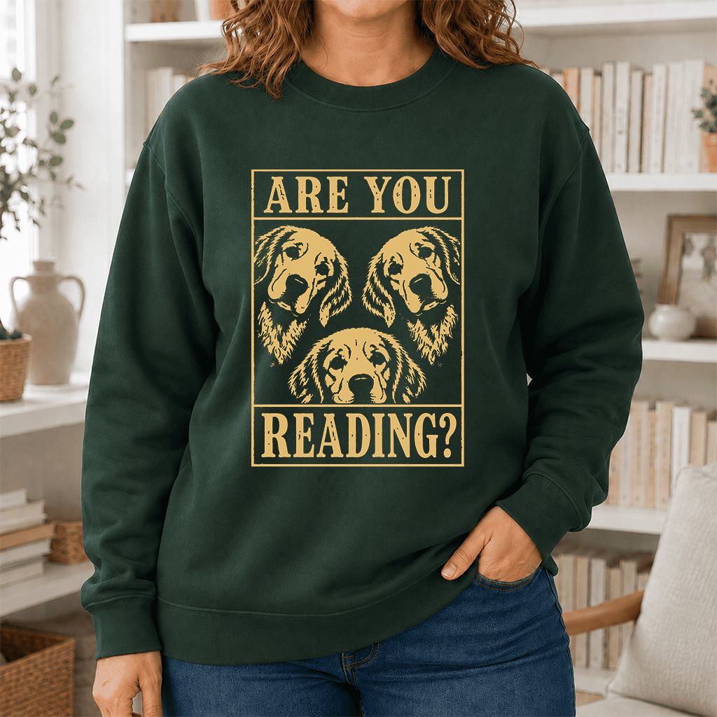 Are You Reading Golden Retriever Printed Sweatshirt | Dog Lover Reader Gift Forest Green