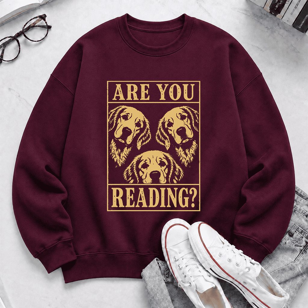 Are You Reading Golden Retriever Printed Sweatshirt | Dog Lover Reader Gift Maroon