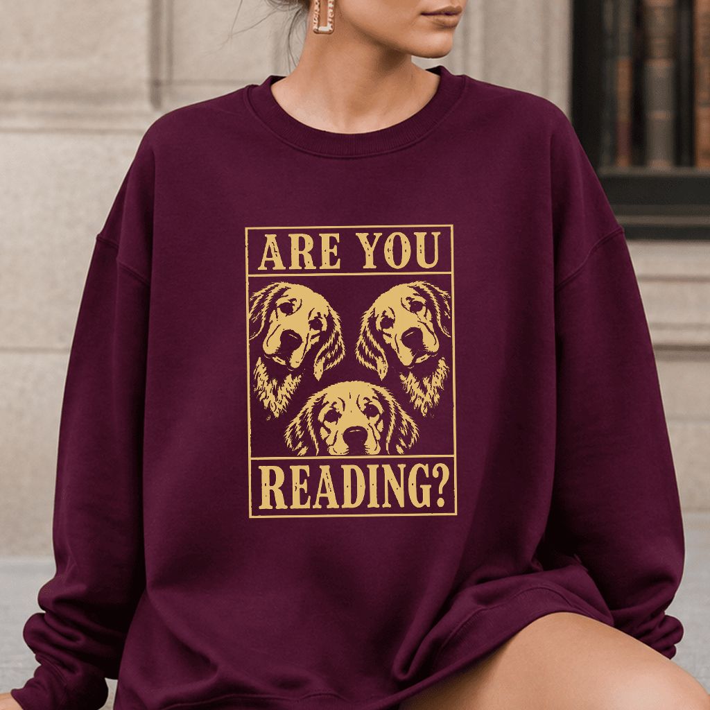 Are You Reading Golden Retriever Printed Sweatshirt | Dog Lover Reader Gift Maroon