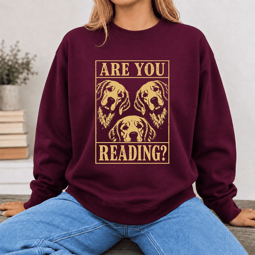 Are You Reading Golden Retriever Printed Sweatshirt | Dog Lover Reader Gift Maroon