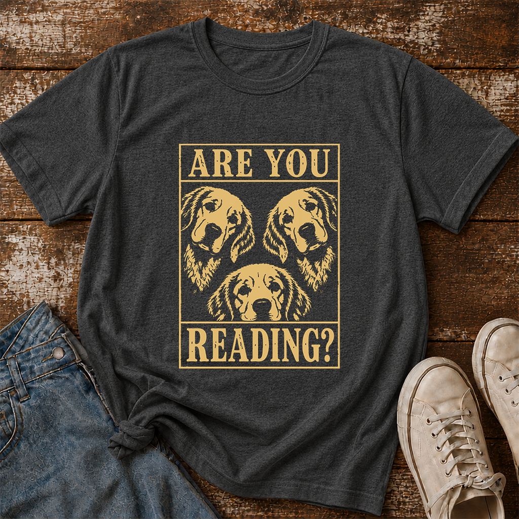Are You Reading Golden Retriever Printed T-Shirt | Dog Lover Reader Gift Dark Heather