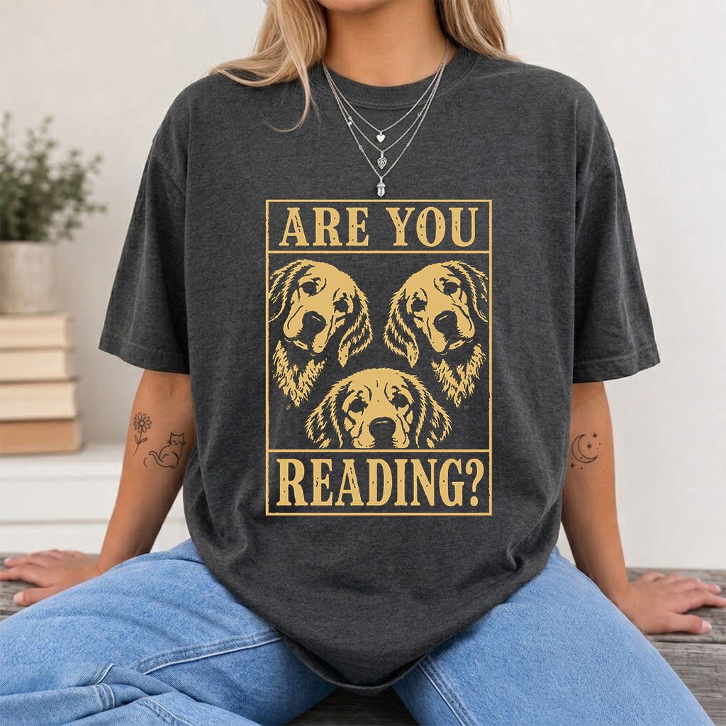 Are You Reading Golden Retriever Printed T-Shirt | Dog Lover Reader Gift Dark Heather