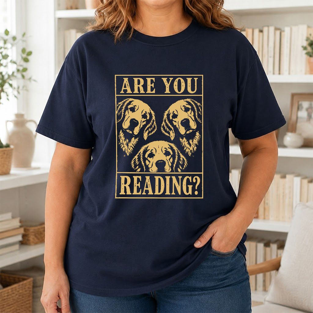 Are You Reading Golden Retriever Printed T-Shirt | Dog Lover Reader Gift Navy
