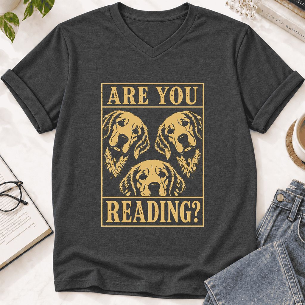 Are You Reading Golden Retriever Ultra-Soft V-Neck | Dog Lover Reader Gift Dark Grey Heather