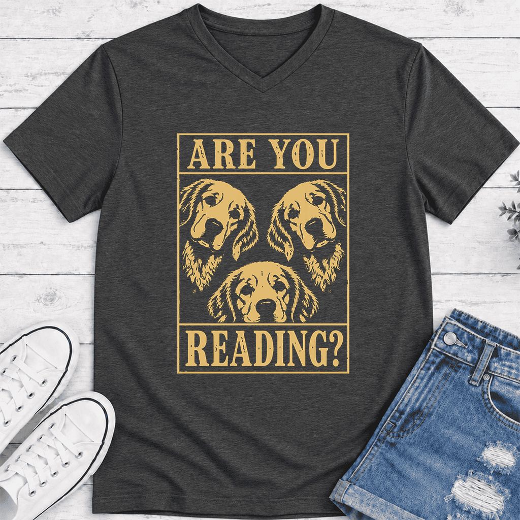 Are You Reading Golden Retriever Ultra-Soft V-Neck | Dog Lover Reader Gift Dark Grey Heather