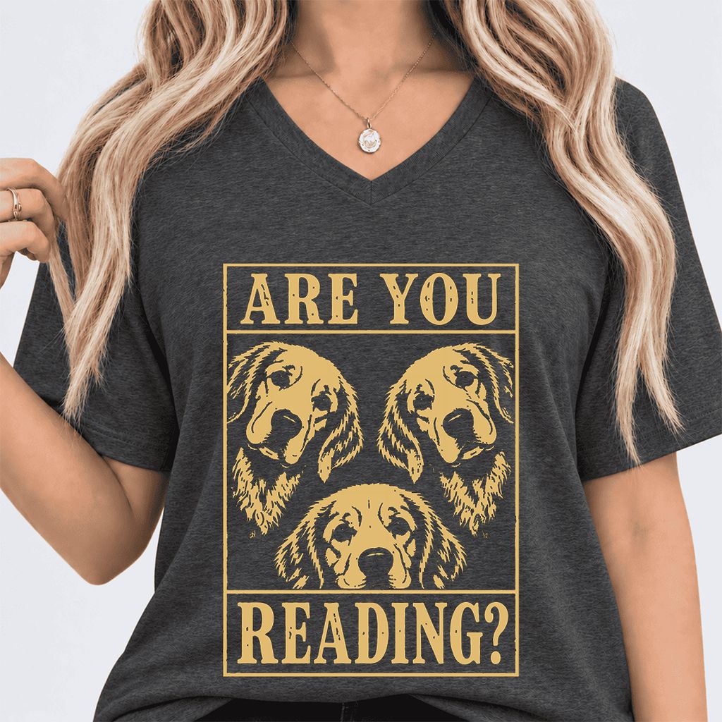 Are You Reading Golden Retriever Ultra-Soft V-Neck | Dog Lover Reader Gift Dark Grey Heather