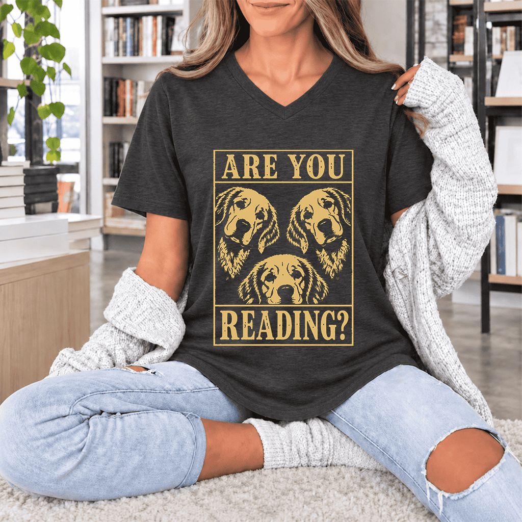 Are You Reading Golden Retriever Ultra-Soft V-Neck | Dog Lover Reader Gift Dark Grey Heather