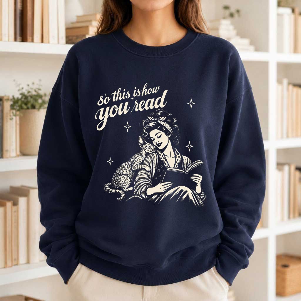 How You Read Printed Devon Rex Sweatshirt | Cat Lover Reader Gift Navy