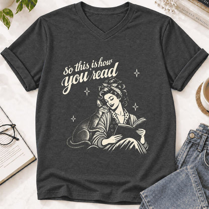 How You Read Abyssinian Ultra-Soft V-Neck | Cat Lover Reader Gift Dark Grey Heather
