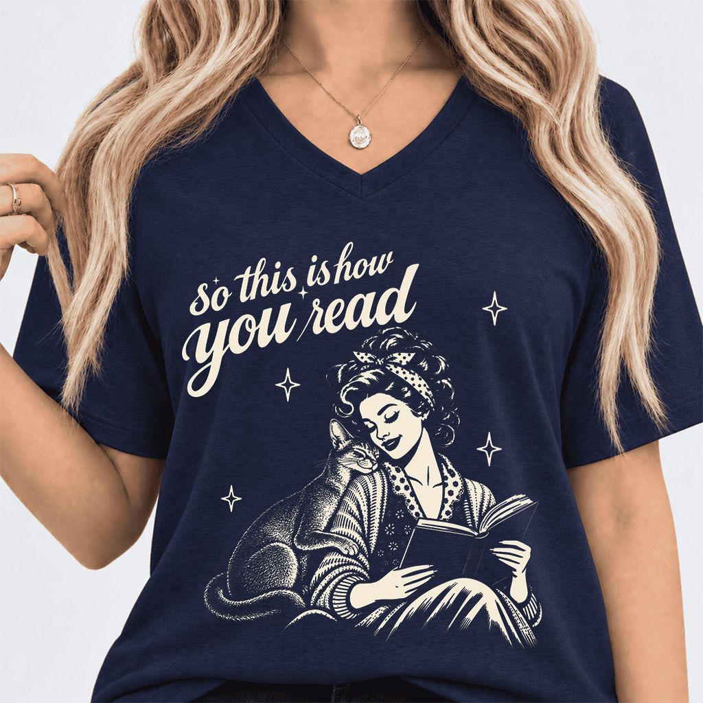 How You Read Abyssinian Ultra-Soft V-Neck | Cat Lover Reader Gift Navy