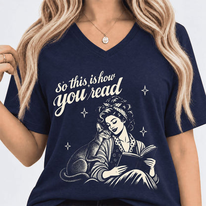 How You Read Abyssinian Ultra-Soft V-Neck | Cat Lover Reader Gift Navy