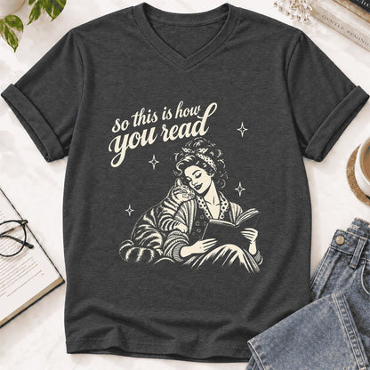 How You Read American Shorthair Ultra-Soft V-Neck | Cat Lover Gift Dark Grey Heather