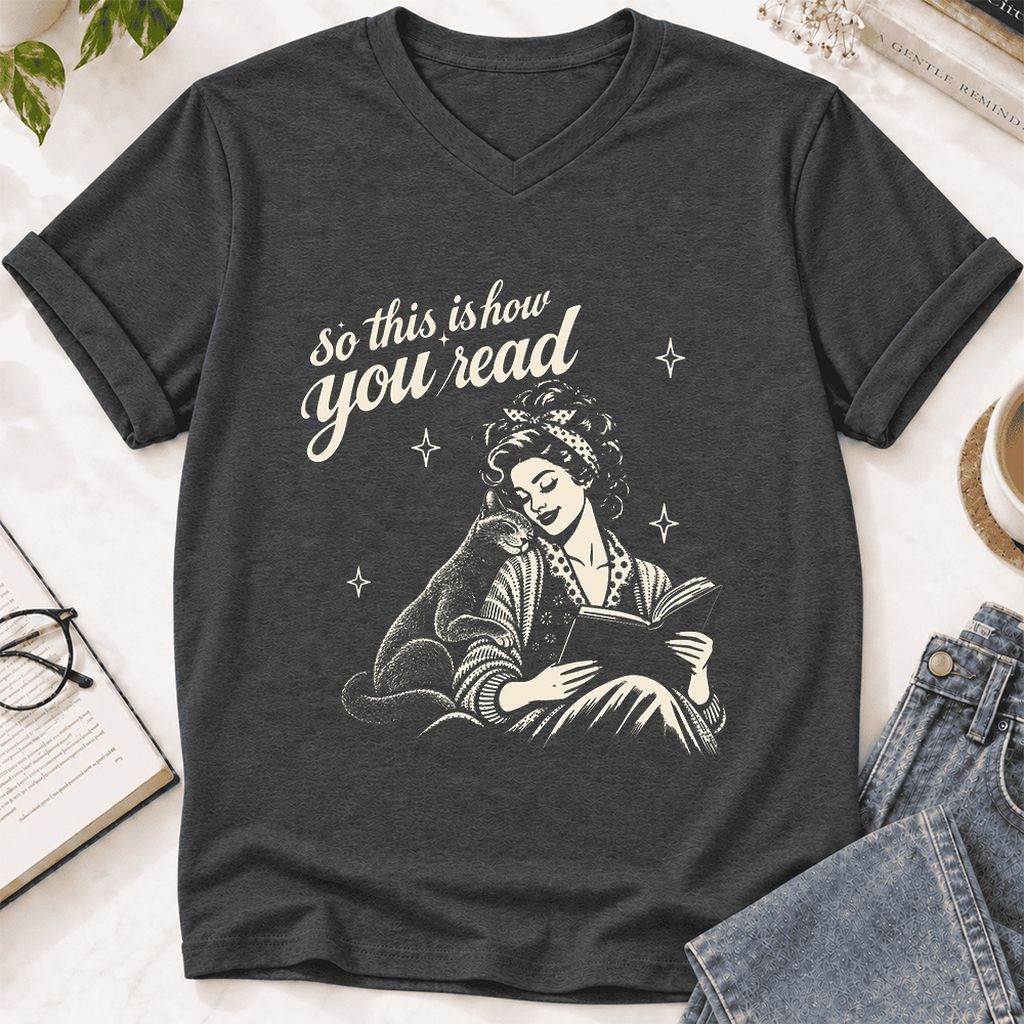 How You Read Russian Blue Ultra-Soft V-Neck | Cat Lover Reader Gift Dark Grey Heather
