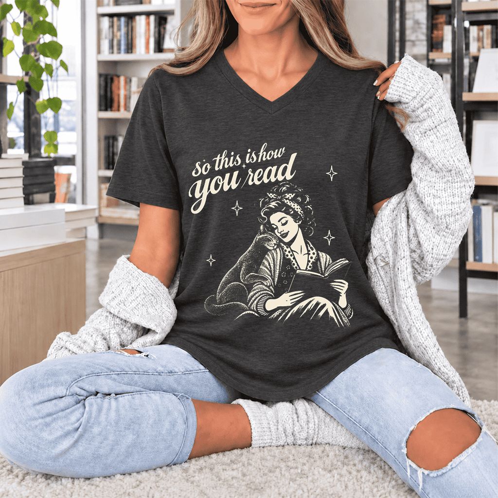 How You Read Russian Blue Ultra-Soft V-Neck | Cat Lover Reader Gift Dark Grey Heather